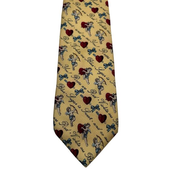 Vintage Bobachris Yellow Cupid & Heart Silk Tie Made In USA - Picture 1 of 6